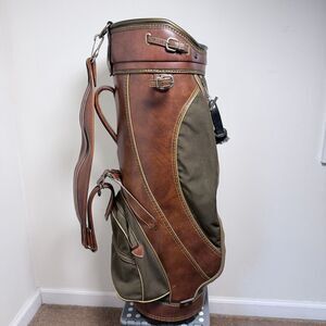 Vintage Spalding Golf Bag Made USA Brown Leather Canvas Scovill Zippers Retro